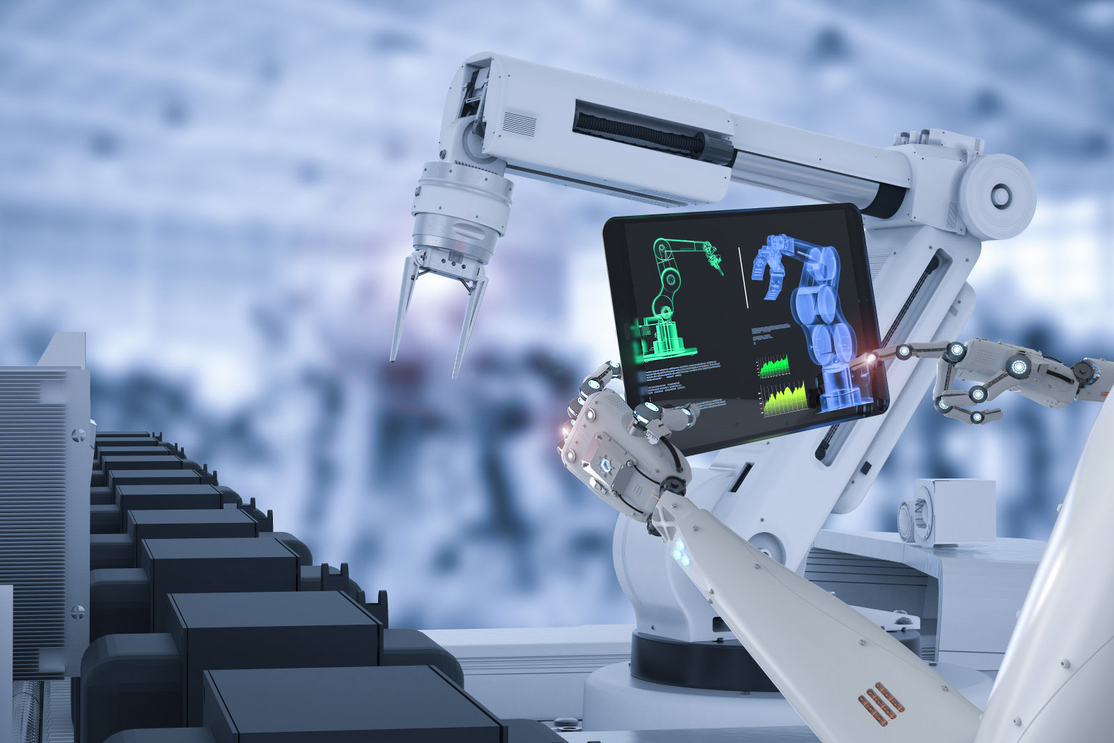 3d rendering cyborg control robot assembly line in car factory
