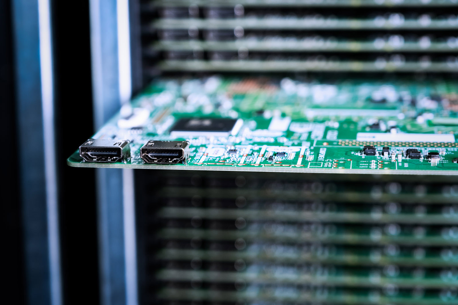 Close-up shots of electronic cards and chips with HDMI produced in a manufacturing facility. - Circuit Board, Semiconductor, Computer Chip, Factory, In A Row