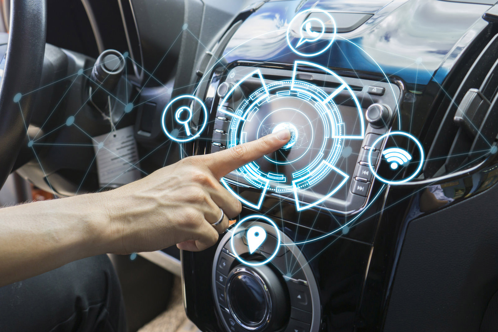 vehicle and graphical user interface(GUI). intelligent car,car system control pushing panel button screen modern design   Internet of Things(IOT),Transportation,technology and vehicle concept